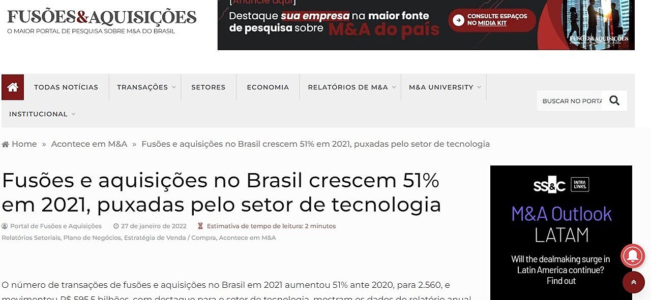 Fuses e aquisies no Brasil crescem 51% em 2021, puxadas pelo setor de tecnologia